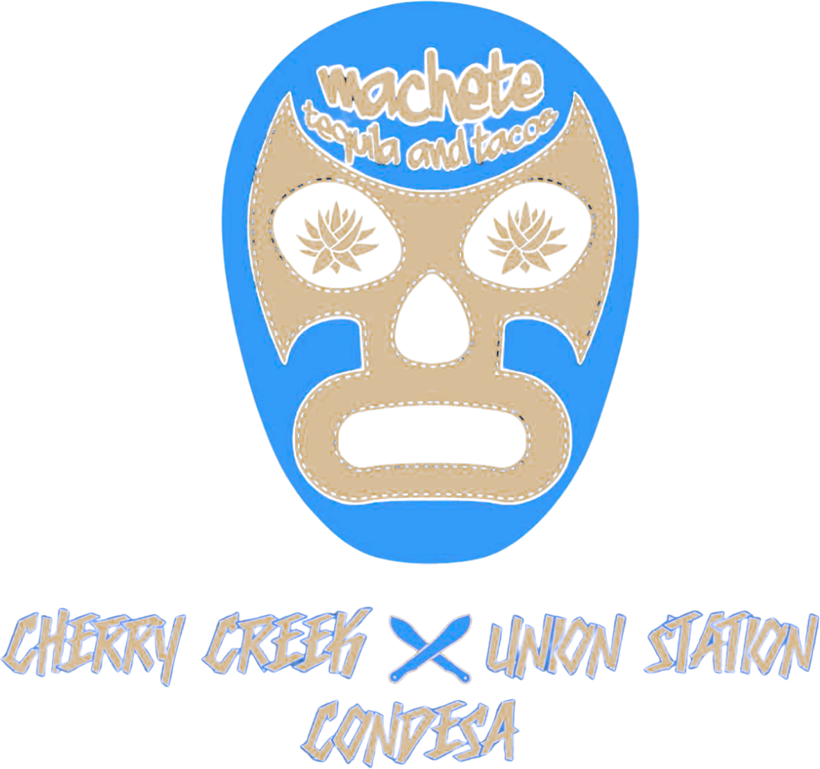 Blue luchador mask, "Machete Tequila and Tacos".